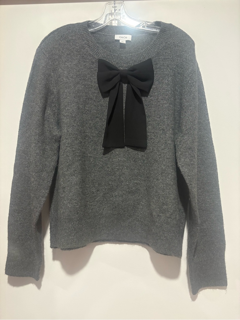 CeCe Gray Crewneck Sweater with Black Bow Accent